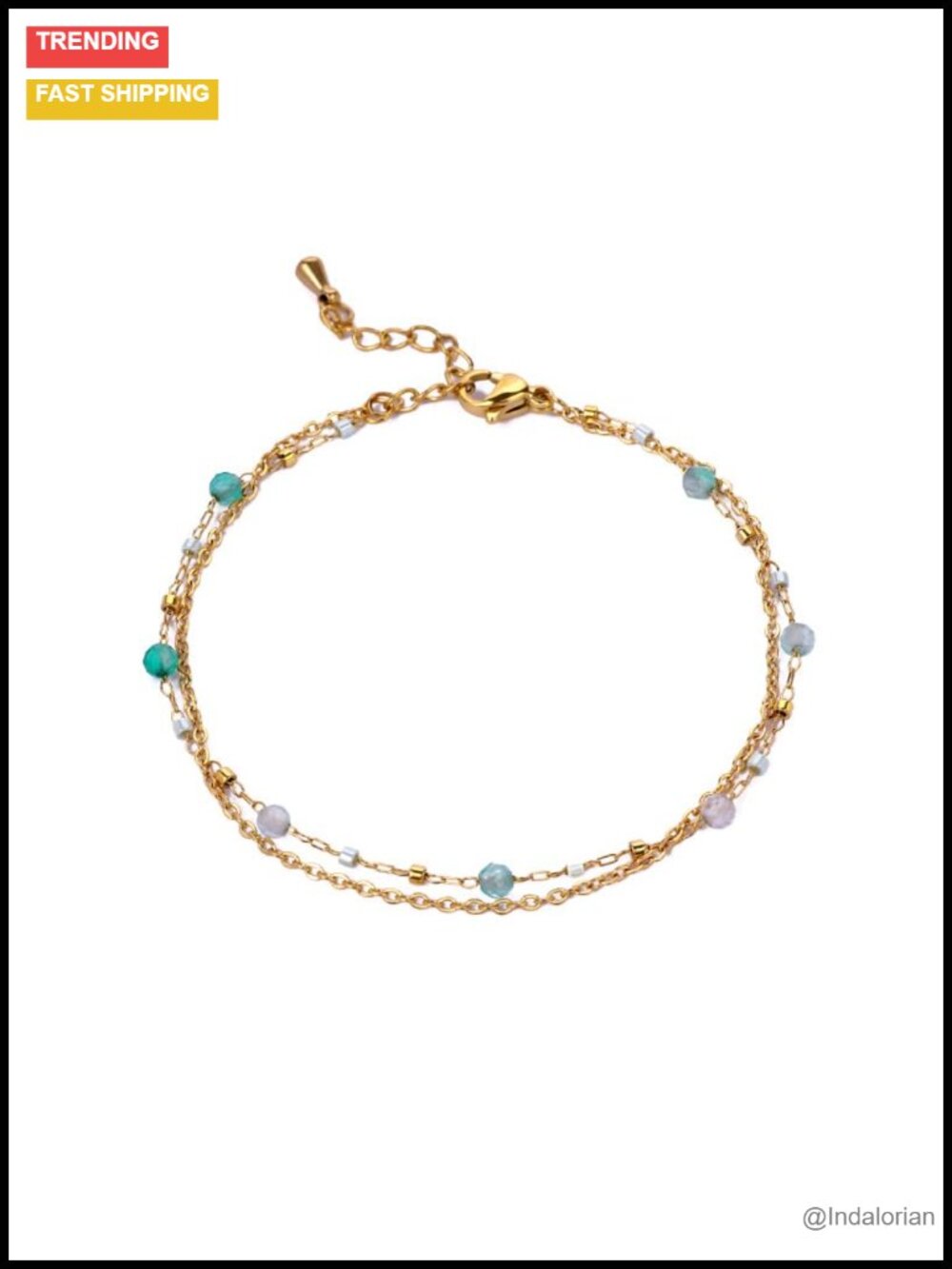 Green Fluorite Beaded Bracelet Women 18k Gold Plated Stainless Steel Adjustable